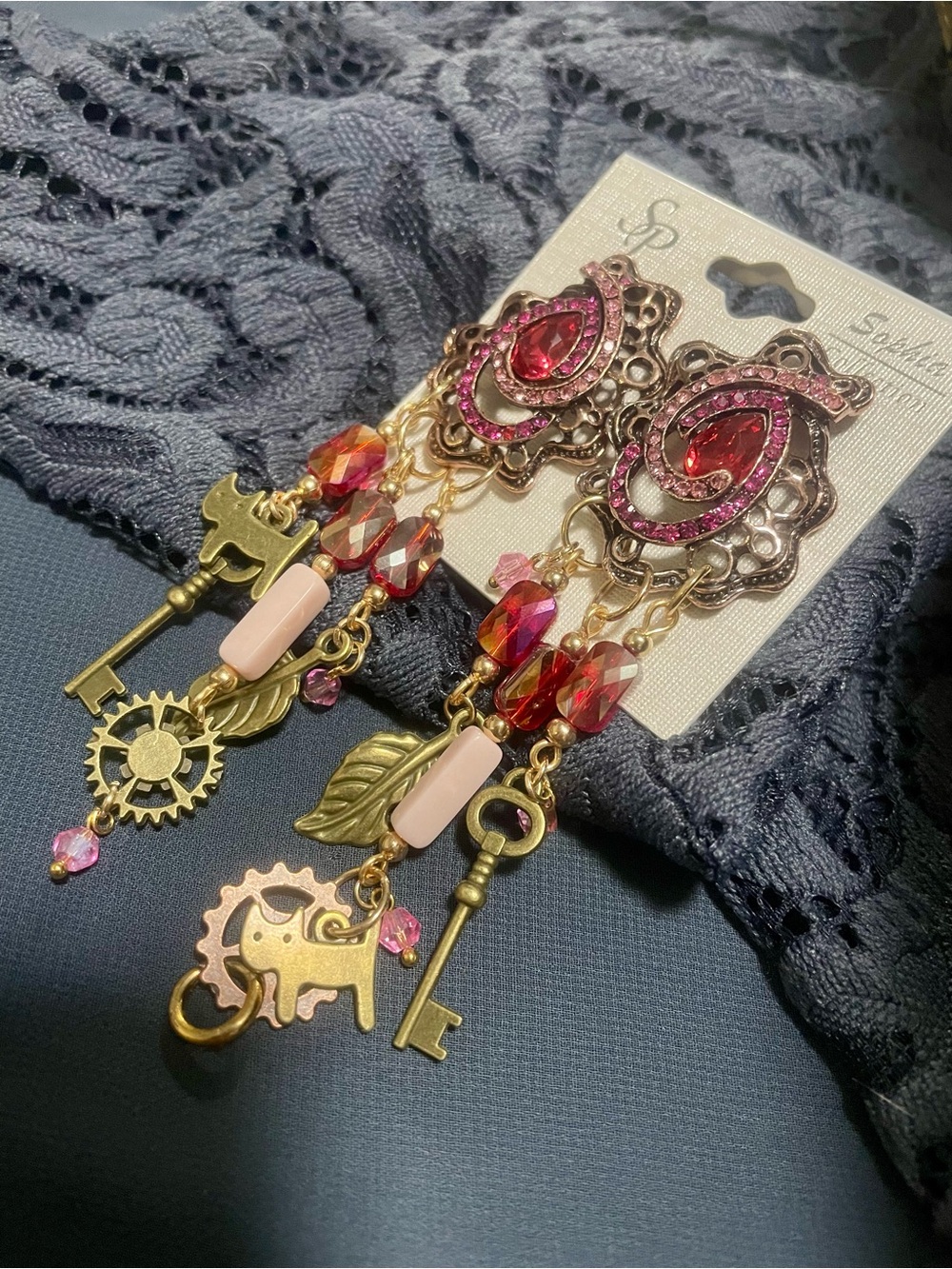 Pink & Gold-tone Dangle Key and Gear Statement Earrings - Women Jewelry